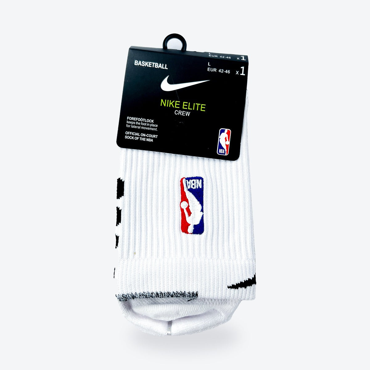 Calcetines Nike Élite Crew NBA – blancos con detalles negros, en su empaque
