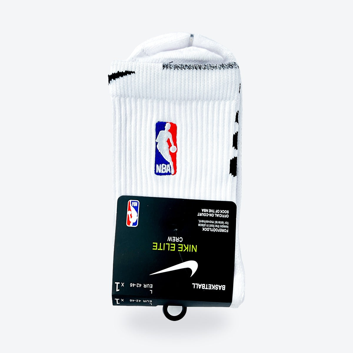 Calcetines Nike Élite Crew NBA – blancos con detalles negros, en su empaque