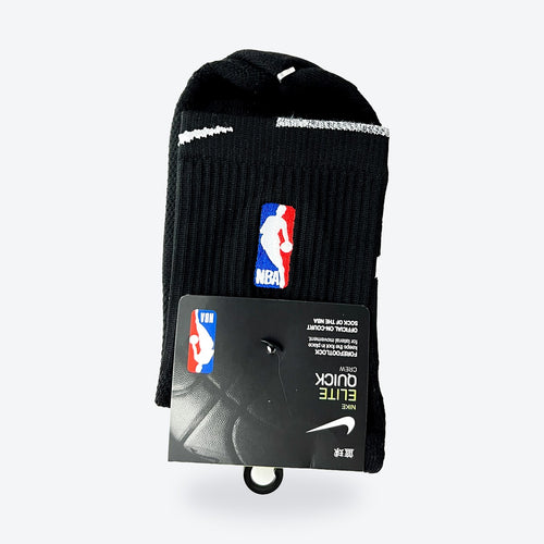 Calcetines Nike Élite Crew – negros con bloque blanco, edición Lakers, en su empaque